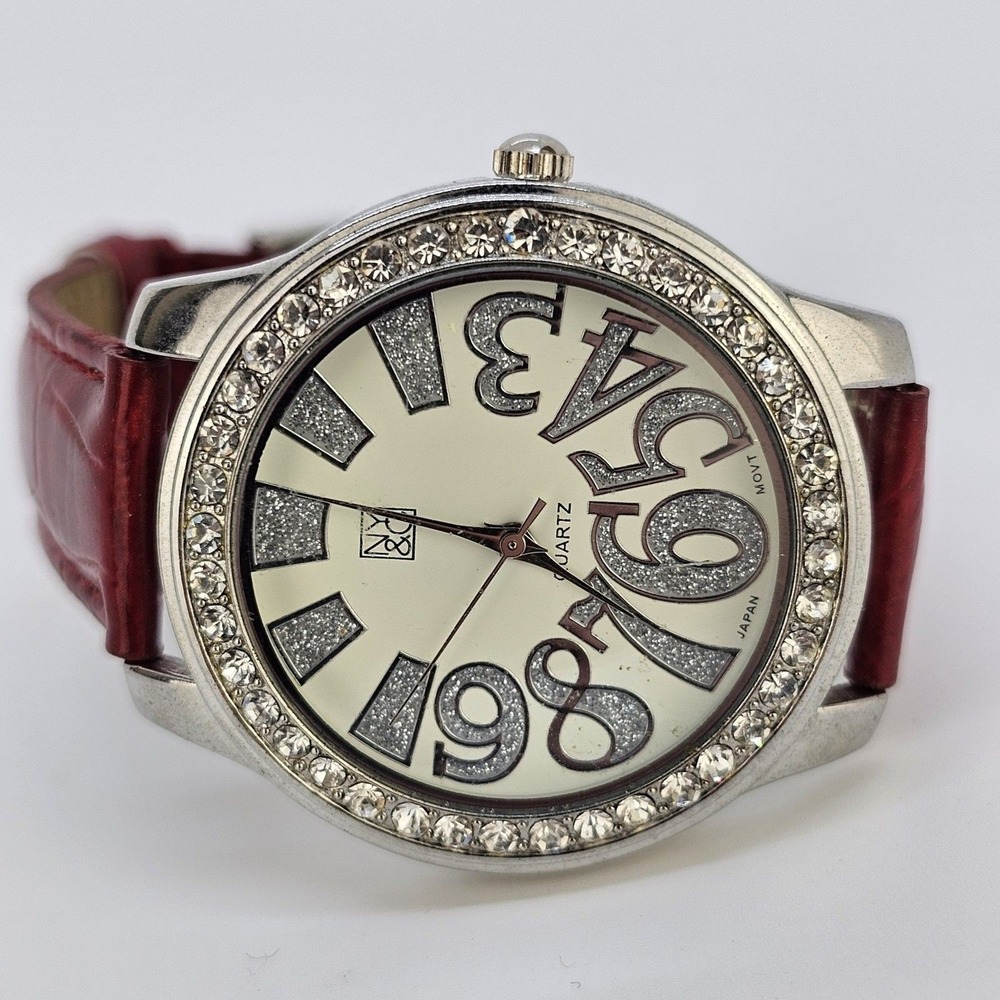 NYC Women's Watch 40MM Gray Dial Crystal Bezel Red Leather Bands New Battery